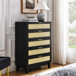 31.50"Bedroom 5 drawer dresser, rattan dresser modern wooden chest of drawers with spacious storage space,Black - 1 of 4