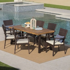 Laguna 7pc Acacia Wood/Wicker Patio Dining Set - Brown/Cream - Christopher Knight Home: Weather-Resistant, 6 Arm Chairs - 1 of 4