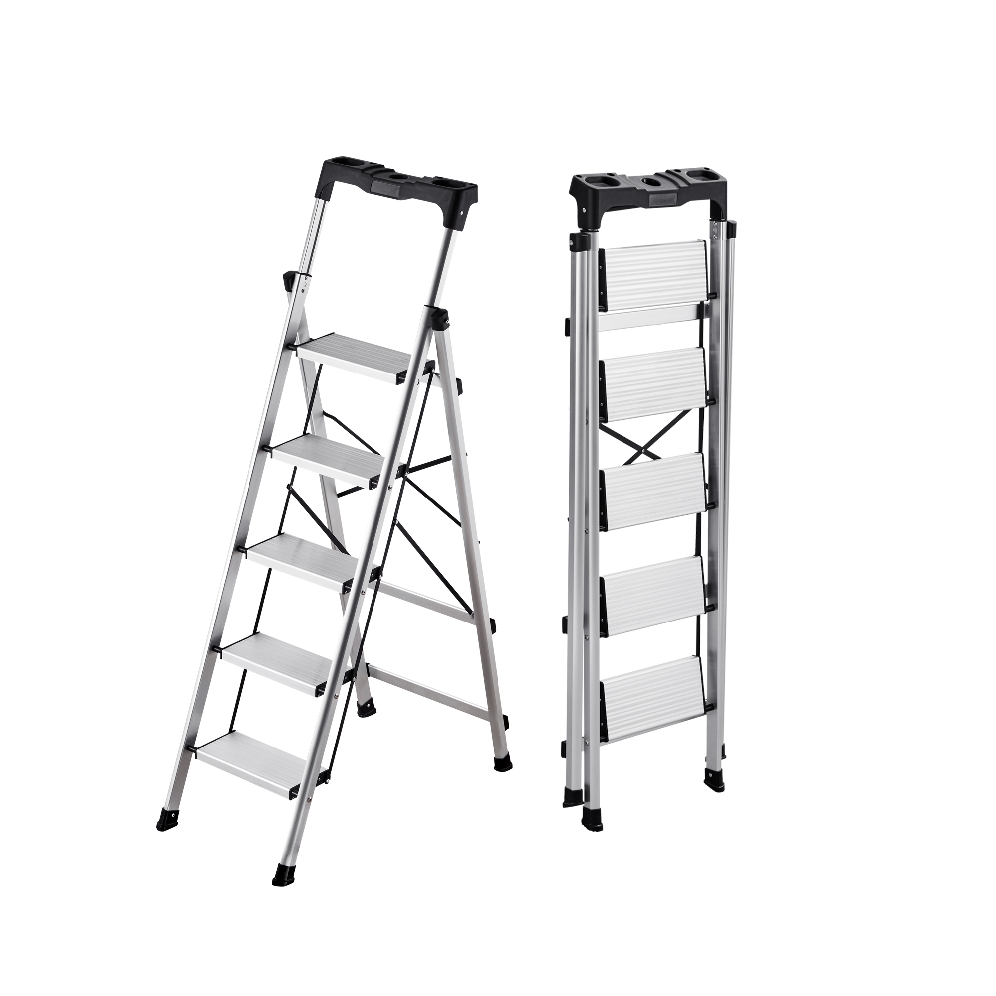 VEVOR 5 Step Ladder, Folding Step Stool with Wide Anti-Slip Pedal and Comfort Handgrip, 330 lbs Capacity Portable Aluminum Stepladder, Silver