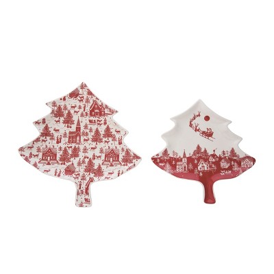 Transpac Dolomite 14.25 in. Multicolor Christmas Tree Shaped Toile Plates Set of 2