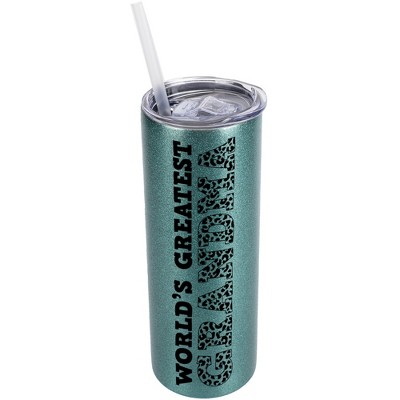 Elanze Designs Leopard Pattern Turquoise Blue 20 Ounce Double Wall Stainless Steel Glitter Travel Tumbler With Sliding Lid And Straw, World's Greatest