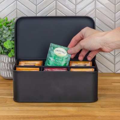 Black Enamelware Tea Bag Storage Box with White Lettering