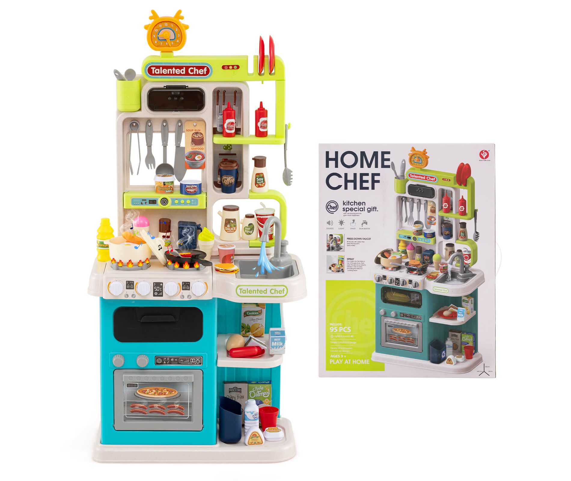 Costway Kids Kitchen Playset with Realistic Sounds Lights Play Sink 95 PCS Accessories Blue/Pink