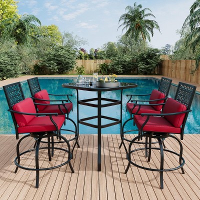 5-Piece Outdoor Patio Swivel Bar Set with 4 Red Cushioned Swivel Chairs & 1 Table, for Deck, Backyard, and Outdoor Entertaining