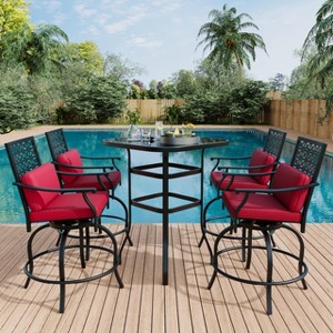 5-Piece Outdoor Patio Swivel Bar Set with 4 Red Cushioned Swivel Chairs & 1 Table, for Deck, Backyard, and Outdoor Entertaining - 1 of 4