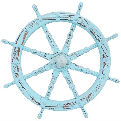 Sunnydaze Indoor/Outdoor Wooden Nautical Sea Captain's Helm - Fir Wood - 30" - Blue