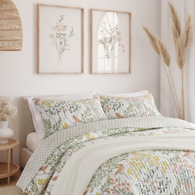 Monami Twin Cotton Reversible Quilt Set in Gray and Floral