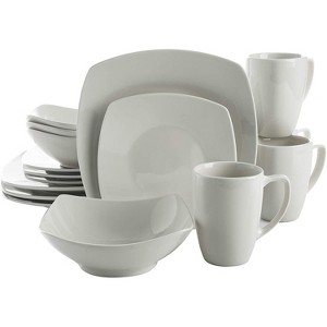Gibson Home 102539.16RM Classic Porcelain Zen Buffet 16 Piece Square Dinnerware Set with Multi Sized Plates, Bowls, and Mugs, White - 1 of 4