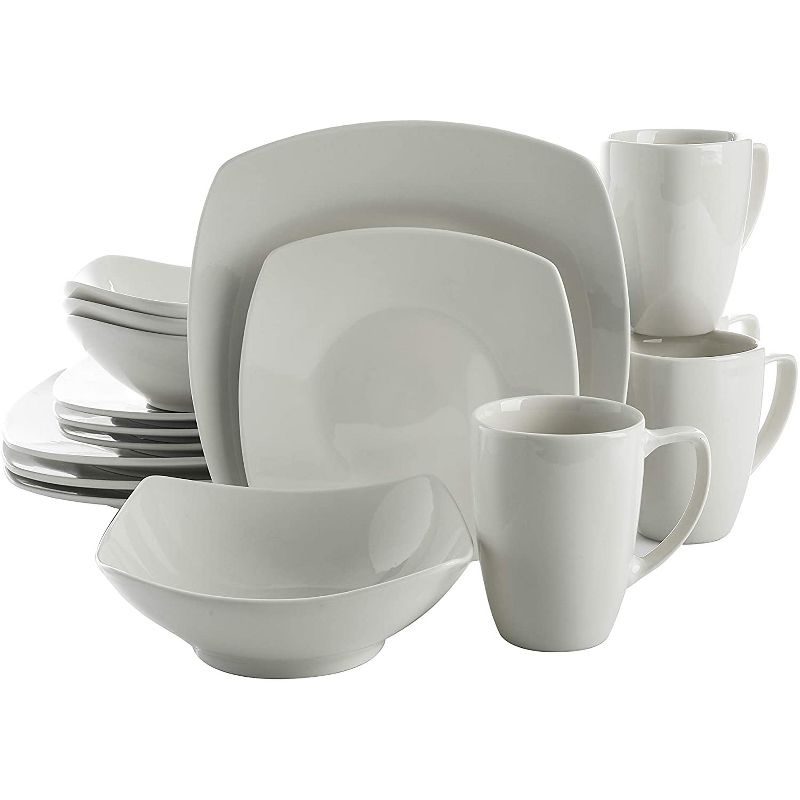 Gibson Home 102539.16RM Classic Porcelain Zen Buffet 16 Piece Square Dinnerware Set with Multi Sized Plates, Bowls, and Mugs, White, 1 of 6