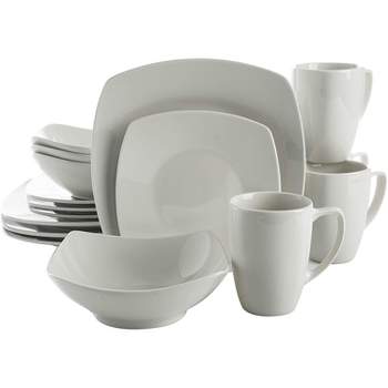 Gibson Home 102539.16RM Classic Porcelain Zen Buffet 16 Piece Square Dinnerware Set with Multi Sized Plates, Bowls, and Mugs, White