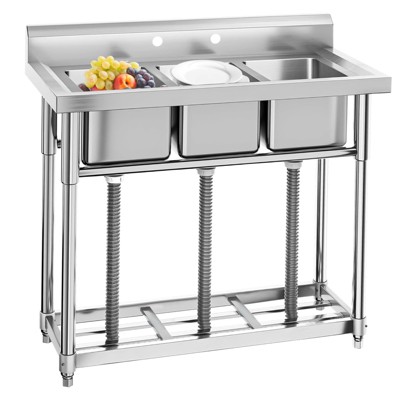Commercial Stainless Steel Sink & Triple Bowl Utility Sink - 38.9" 3-Compartment Prep Station with Shelf
