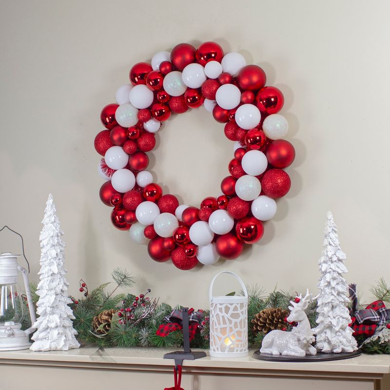 Northlight White and Red 3-Finish Shatterproof Ball Christmas Wreath - 24-Inch, Unlit, 3 of 5