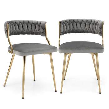Costway Velvet Dining Chair Set of 2 Upholstered Modern Accent Chair with Woven Back Grey/White