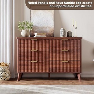6 Drawers Dresser for Bedroom, Wide Dressers with Curved Profile Design, Fluted Wood Drawers with Gold Handle, Chest of Dressers Thickened Design - 1 of 4