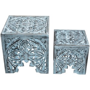 Northlight Set of 2 Antique Blue Square Stackable Nesting Side Table and Stool 16" - 1 of 4