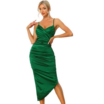 Allegra K Women's Satin V-Neck High Low Summer Spaghetti Straps Ruched Bodycon Midi Dress