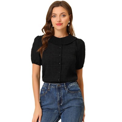 Allegra K Women's Floral Pleated Collar Puff Sleeves Button Down Shirt