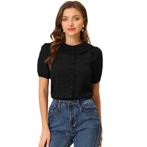 Allegra K Women's Floral Pleated Collar Puff Sleeves Button Down Shirt - 1 of 4