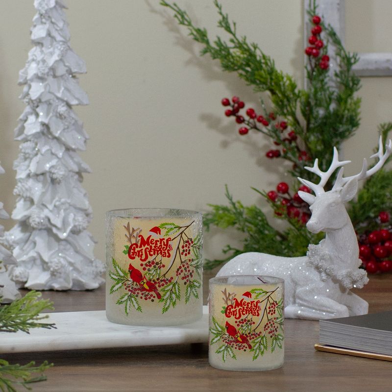 Northlight 8" Hand Painted Christmas Cardinal and Pine Flameless Glass Christmas Candle Holder, 2 of 7