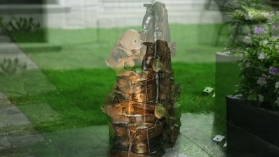 Farmhouse Brown Resin Fountain with Puppy and Bird Scene