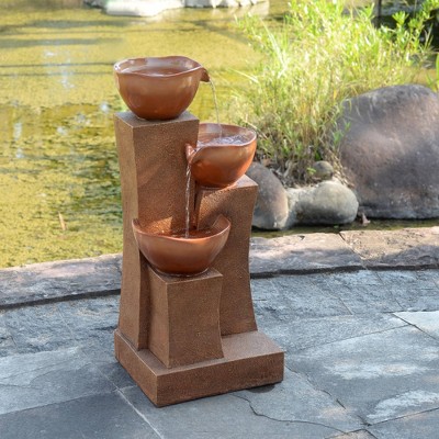 Brown Polyresin 3-Tier Cascading Outdoor Water Fountain with LED Lights