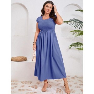 Coolmee Women Plus Size Casual Smocked Round Neck Short Sleeve Midi A-Line Flutter Dress With Pocket - 1 of 4