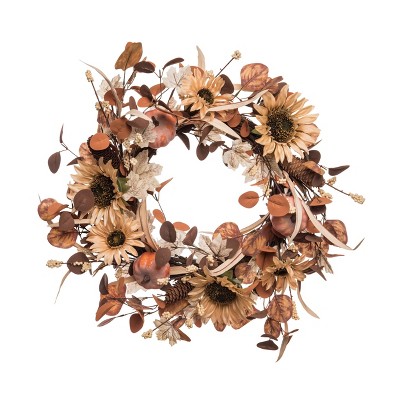 Transpac Fabric 24 in. Multicolor Harvest Sunflower Wreath