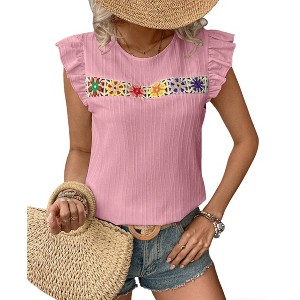 Womens Round Neck Lace Trim Short Sleeve Casual Blouse Tops - 1 of 4