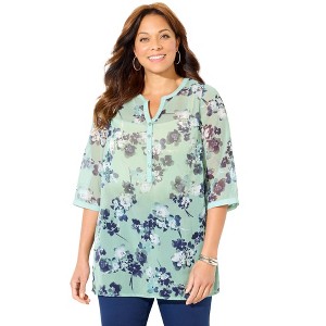Catherines Women's Plus Size Petite Y-Neck Half Placket Blouse - 1 of 4
