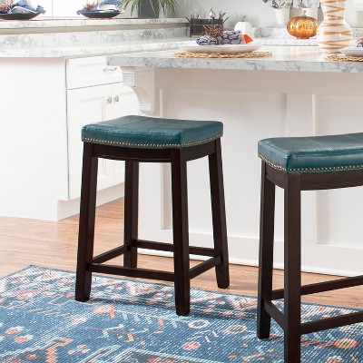Claridge Dark Brown Wood and Blue Leather 26" Backless Counter Stool
