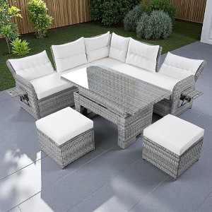 Outdoor Patio Rattan Sectional Sofa Set with Adjustable Height Table and 2 Reclining Seat, Extendable Side Tables - 1 of 4