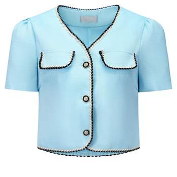 Hobemty Women's Tweed Contrast Trim Button Down Short Sleeve Work Office Blazer