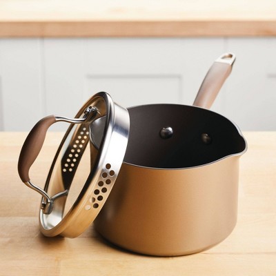 Bronze Aluminum Nonstick Saucier with Pour Spout and Lid