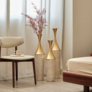 AZL1 Life Concept Decorative Vase 3 Piece Set Metal Modern Woven Pattern Geometric Cylinder Embossed Triangle for Home, Gold, 36.5"*24"*8" - 1 of 4