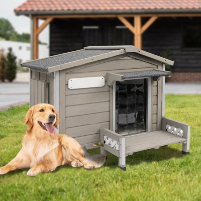 Wooden Dog House with Porch, Solid Wood Dark Gray, Asphalt Roof, 27.8" H x 34" W x 27.6" D ¨C Weather-Resistant Pet Shelter
