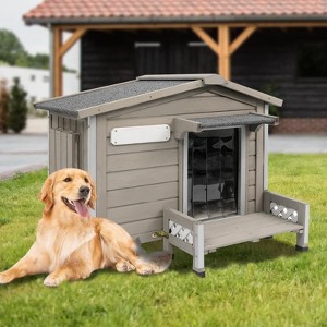 Wooden Dog House with Porch, Solid Wood Dark Gray, Asphalt Roof, 27.8" H x 34" W x 27.6" D ¨C Weather-Resistant Pet Shelter - 1 of 4