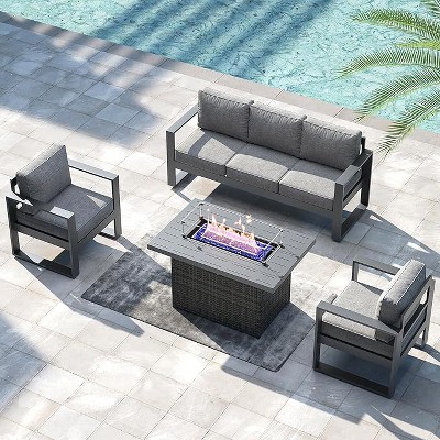 LayinSun 4 Pieces Aluminum Outdoor Patio Furniture Set, Metal Modern Conversation Sofa Set with Fire Pit Table and Washable Thick Cushions
