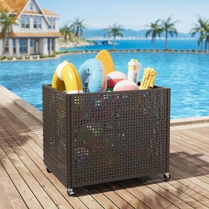 Poolside Rattan Storage Organizer, Outdoor Storage Bin with 2 Sides Handle, Pool Float Storage Holder with Mesh Rolling for Pool Noodles Balls - 1 of 4