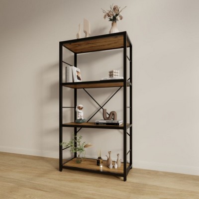 Metal & Wood Bookshelf And Bookcase, 29.52 Inch Wide Shelves 4 Tier Ladder Shelves 110 Lbs/Shelf Vintage Industrial Style Bookcase
