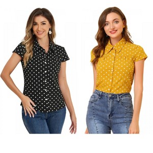 INSPIRE CHIC Women's Short Sleeve Vintage Polka Dots Button Up Blouse 2 Packs - 1 of 4