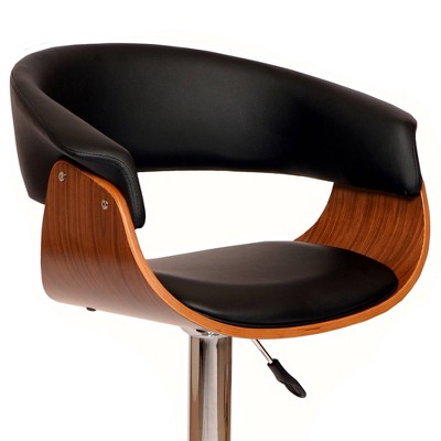 Contemporary Black Leather Adjustable Swivel Barstool with Walnut Accents