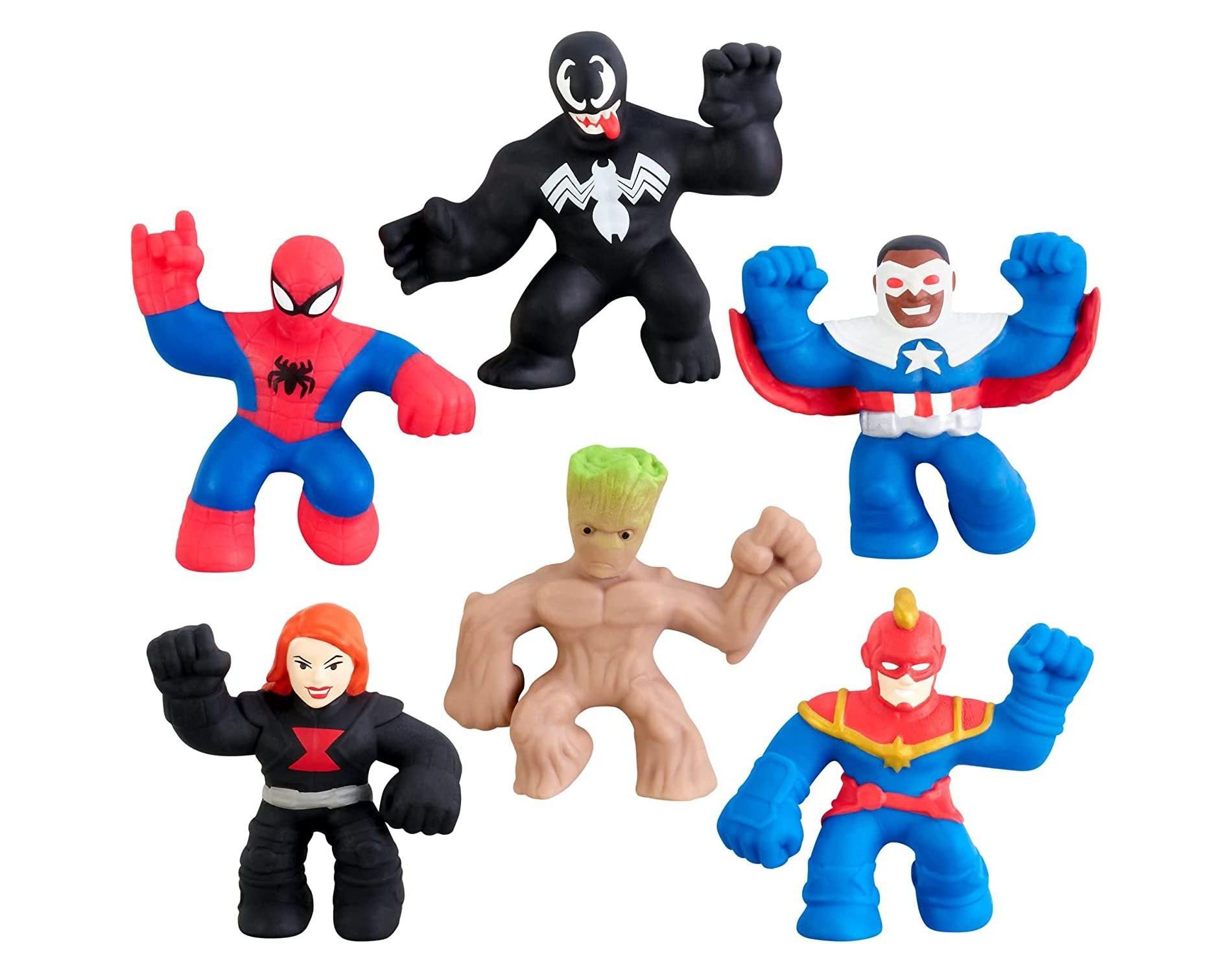 Heroes of Goo Jit Zu Minis Marvel 6-Pack – Groot, Black Widow, Captain America, Spider-Man, Venom & Captain Marvel Stretchy 2.5" Figures