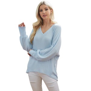 Slickblue Powder Blue Ribbed V Neck Long Sleeve Top, Cozy Lightweight Fabric, Casual & Relaxed Fit, S - 1 of 4