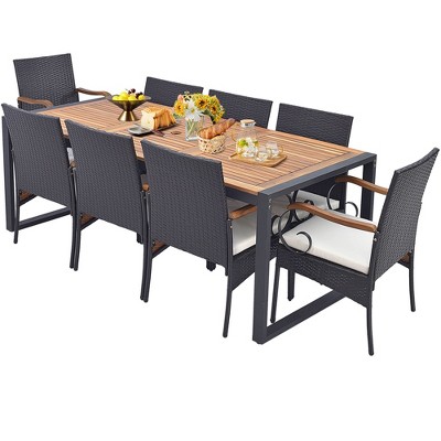 Tangkula 9 PCS Outdoor Metal Dining Table & Rattan Chairs w/ Acacia Wood Table