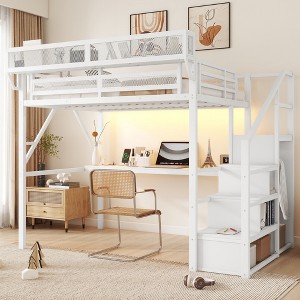 MAYEERTY Full Size Metal Loft Bed with Desk and Charging Station