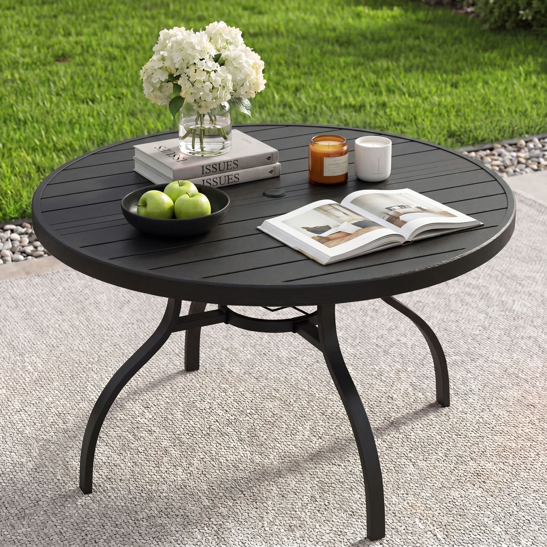 47 Inch Outdoor Indoor Dining Table Metal Round Table, Black