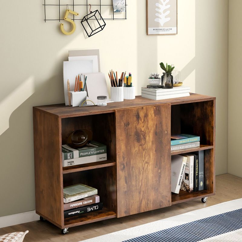 Tangkula 3-Tier Wood Bookcase 6 Cube Bookshelf w/ Door Wheels Display Cabinet, 3 of 11