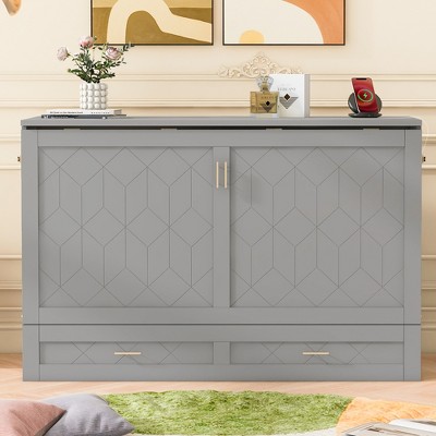 TIRAMISUBEST Full Size Murphy Bed with Charging Station and Drawer, Wood Folding Bed Frame with Honeycomb Pattern
