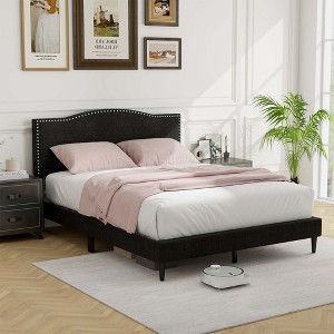 Costway Queen Size Upholstered Bed Frame with Nailhead Trim Headboard Wooden Slats Support - 1 of 4