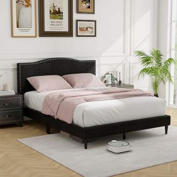 Costway Queen Size Upholstered Bed Frame with Nailhead Trim Headboard Wooden Slats Support